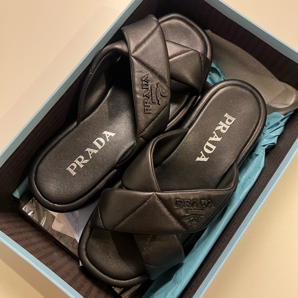 Prada Black Cross-Strap Slides, Size 36